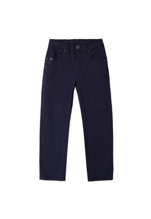 Marineblauwe broek van katoenmix, met knoopsluiting, ritssluiting en vijf zakken. Gladde textuur met rechte pijpen.