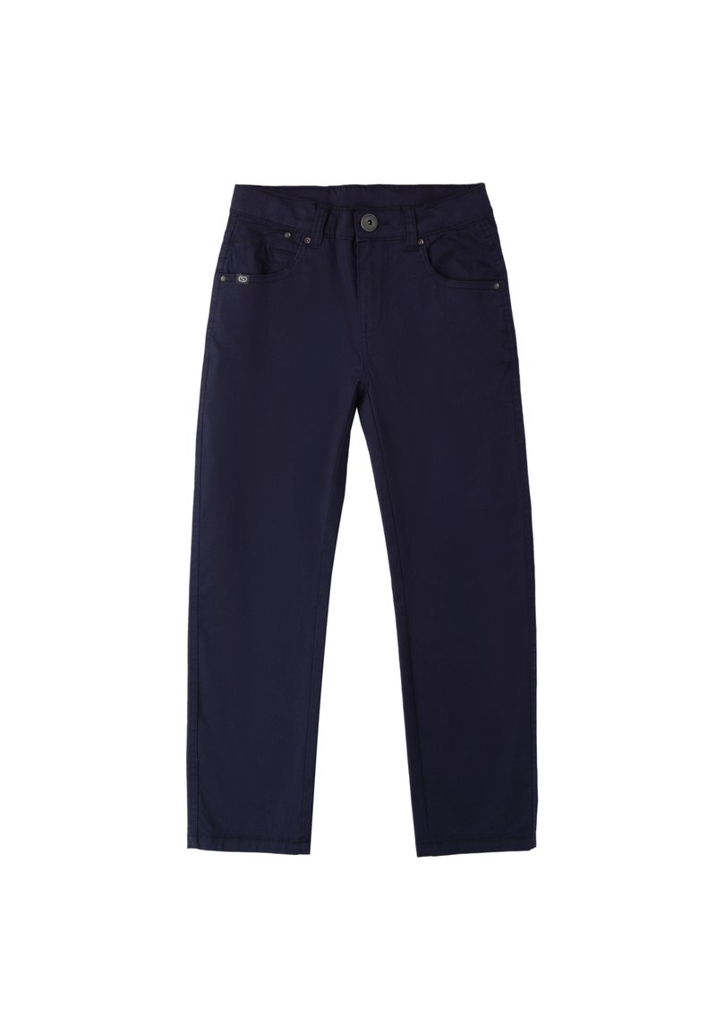 Pantaloni blu navy in misto cotone, con chiusura a bottone, zip e cinque tasche. Texture liscia con design a gamba dritta.