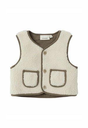Ärmellose cremefarbene Sherpa-Weste für Kinder mit braunem Rand, zwei Fronttaschen und drei braunen Knöpfen entlang der Mitte.