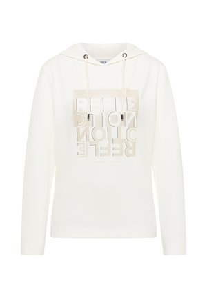 Sweat à capuche blanc avec des manches longues, présentant un grand imprimé graphique réfléchissant à l'avant avec des accents beige et argent.