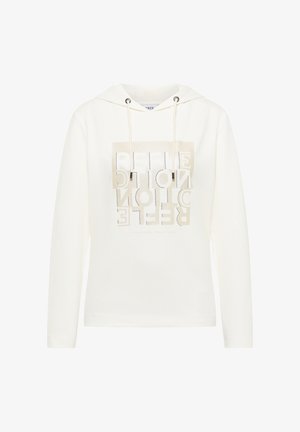 Witte capuchon sweatshirt met lange mouwen, voorzien van een grote reflecterende grafische print aan de voorkant in beige en zilveren accenten.