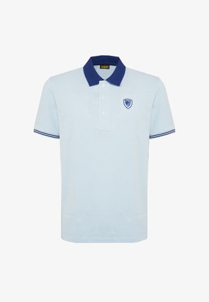 Light blue short-sleeve polo shirt with dark blue collar, three buttons, striped sleeve edges, and small blue logo on the left chest.