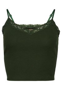 Camiseta de tirantes de canalé en verde oscuro con borde de encaje en el escote y tirantes ajustables. Presenta un diseño ceñido y una textura suave.