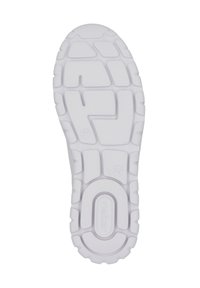 Weiße Gummisohle mit strukturiertem Grip-Muster, abgerundeten Kanten und einem auffälligen Logo. Größe 37 ist auf der Sohle angegeben.