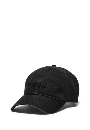 Casquette de baseball en coton noir avec le texte et le logo "Timberland" brodés, avant structuré, sangle réglable et visière courbée.