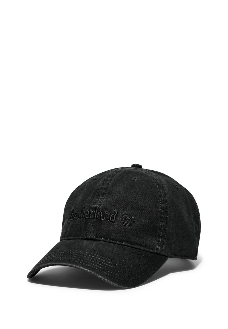 Czarny bawełniany czapka bejsbolowa z haftowanym napisem i logo "Timberland", usztywniony przód, regulowany pasek i zakrzywiony daszek.
