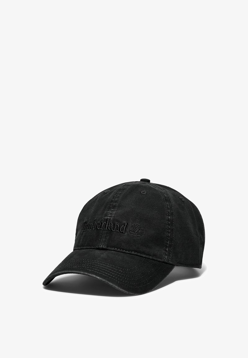 Czarny bawełniany czapka bejsbolowa z haftowanym napisem i logo "Timberland", usztywniony przód, regulowany pasek i zakrzywiony daszek.