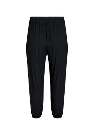 Pantalones negros de corte holgado con cintura elástica y puños elásticos, mostrados desde el frente sobre un fondo blanco.