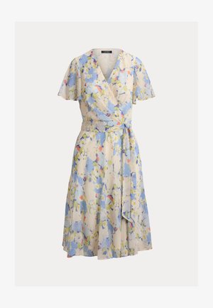 Blumiges Wickelkleid aus leichtem Stoff mit V-Ausschnitt, kurzen Flatterärmeln und einem Bindegürtel. Überwiegend blau mit gelben und rosa Akzenten.