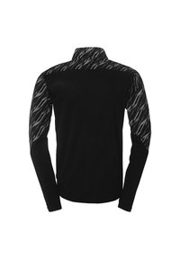 Schwarzes Langarmshirt mit gemusterten grauen Akzenten auf den Schultern. Weicher Stoff, hoher Kragen und taillierte Passform. Subtile Textur im gesamten Shirt.