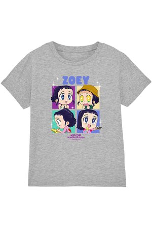 Gray shirt with four colorful cartoon panels showing Zoey with varied expressions, including surprise, reading, and eating, labeled "Kpop Demon Hunters."