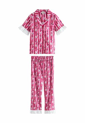 Roze gestreept pyjamapak met witte cartoonfiguren, top met korte mouwen en knopen, en broek met trekkoord, beide afgewerkt met witte rimpellace.
