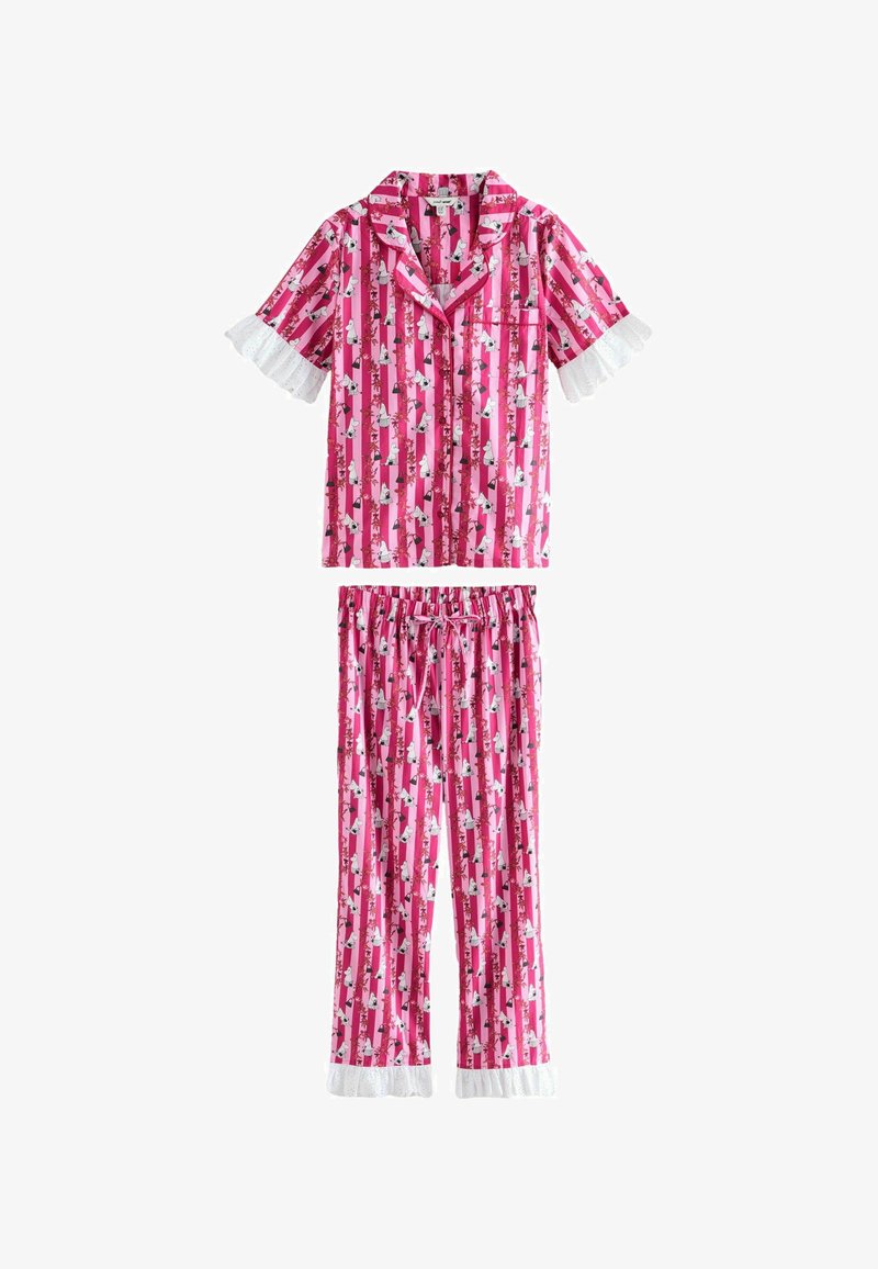 Rosa gestreiftes Schlafanzug-Set mit weißen Cartoon-Charakteren, kurzer Ärmel, knöpfbares Oberteil und Hose mit Kordelzug, beide mit weißen Rüschensäumen verziert.