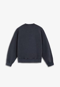 Sudadera gris oscuro con cuello redondo, mangas largas, puños y cinturilla acanalados, vista desde atrás sobre un fondo blanco.