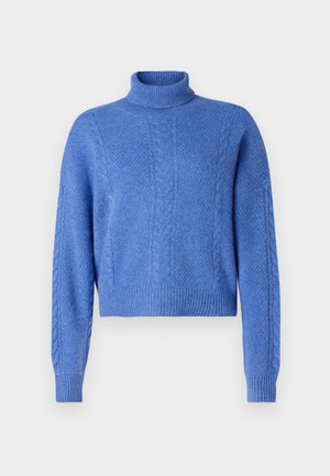 Gekürzter blauer Pullover mit hohem Kragen, der strukturierte Strickmuster und gerippte Bündchen aufweist. Aus weichem, warmem Material gefertigt.
