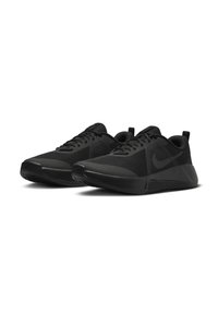Schwarze Sportschuhe mit einem Obermaterial aus Mesh, abgerundeter Zehenpartie, flacher Sohle und strukturierten Akzenten. Bewertet mit Schnürverschluss und dezentem Logo.
