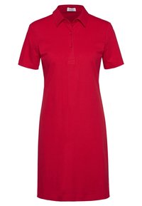 Robe polo rouge en mélange de coton, manches courtes, avec une patte de boutonnage à trois boutons et un col chemise. Texture lisse, longueur genou.