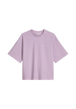 Lavendelfarbenes Kurzarm-T-Shirt aus Baumwolle mit Rundhalsausschnitt und kleinem, dezentem Markenlogo auf der linken Brustseite.