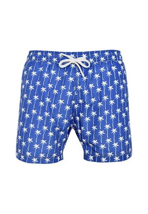Short de bain bleu avec motif de palmier blanc et cordon blanc à la taille élastique.