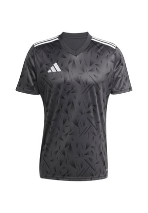 Schwarzes Adidas-Sporttrikot mit kurzen Ärmeln, feinem geometrischem Muster, weißem Logo auf der Brust und drei weißen Streifen auf den Schultern.