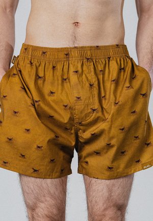 Voksen mand iført sennepsgule boxershorts med små hundetryk og elastisk linning, stående med hænderne i lommerne.