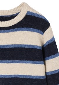 Gestreifter Strickpullover in Marineblau, Hellblau und Creme. Runder Ausschnitt, strukturiertes Gewebe und eine lässige Silhouette.