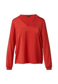 Rote Langarmbluse aus glattem Stoff mit V-Ausschnitt, im entspannten Schnitt und mit elastischen Manschetten, die eine klare Silhouette bieten.