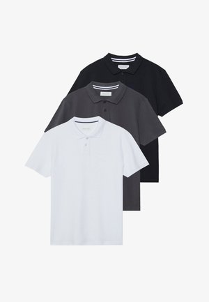 Three polo shirts in white, dark gray, and black. Each features a collared neck, short sleeves, and a button placket.
