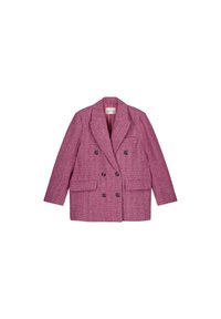 Roze dubbelgeknoopte blazer van gestructureerde stof, met gekartelde revers, twee voorzakken en donkere knopen. Gevoerd interieur voor extra comfort.