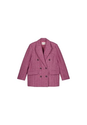 Roze dubbelgeknoopte blazer van gestructureerde stof, met gekartelde revers, twee voorzakken en donkere knopen. Gevoerd interieur voor extra comfort.