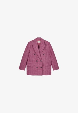 Pink double-breasted blazer with textured fabric, notched lapels, two front pockets, and dark buttons. Lined interior for added comfort.