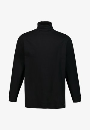 Jersey negro de manga larga y cuello alto hecho de algodón, con un diseño ajustado, textura suave y un pequeño logo destacado cerca del dobladillo.