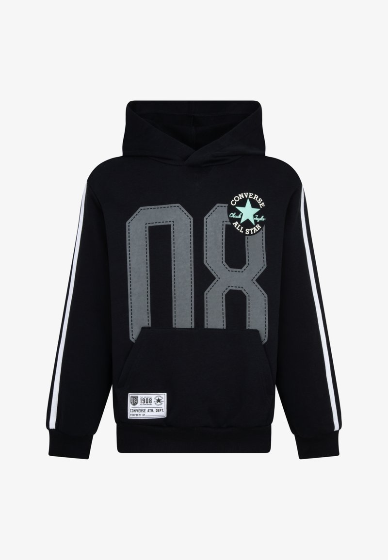Fekete kapucnis pulóver, nagy szürke "08" grafikával, fehér oldalsó csíkokkal és kenguru zsebbel. Converse logó részlet a mellrészen. Pamut anyag.
