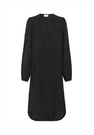 Robe noire à manches longues avec un décolleté en V, en tissu texturé et à silhouette légèrement évasée. Présente des manches bouffantes et un ourlet incurvé.