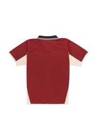 Rød polo skjorte med en sort krave, hvide sidelapper og diskret hvidt pynt ved kraven. Fremstillet af blødt, letvægtsstof.