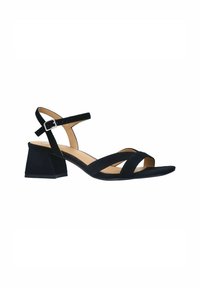 Zwarte suède heeled sandaal met een vierkante blokhak, enkelbandje en crisscross bovenkant ontwerp. Glad textuur en open teen.