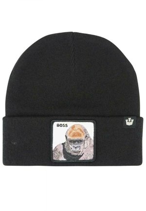 Berretto in maglia nera con un patch quadrato che presenta un'illustrazione di un gorilla e il testo "BOSS", accompagnato da un logo sul lato.