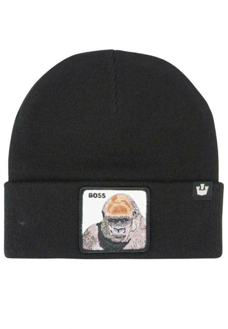 Berretto in maglia nera con un patch quadrato che presenta un'illustrazione di un gorilla e il testo "BOSS", accompagnato da un logo sul lato.