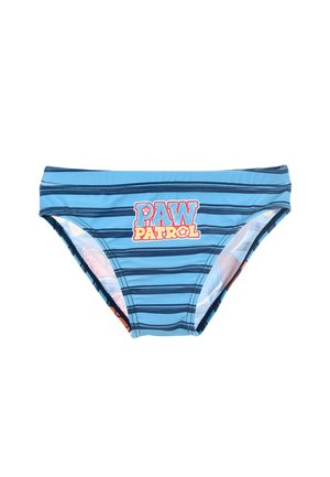 Shorts de bain bleus avec des rayures horizontales bleu foncé, arborant un logo "PAW PATROL" en rouge. Fabriqués à partir d'un matériau de bain lisse.