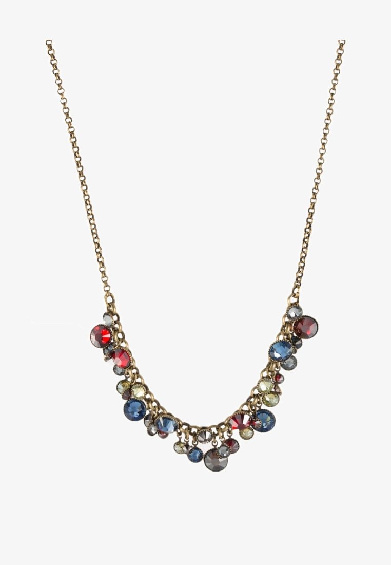 Collier chaîne en or avec des pierres précieuses rondes colorées en rouge, bleu, gris et jaune pâle suspendues sur la moitié inférieure.
