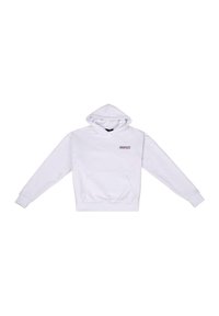 Un hoodie en coton blanc avec une poche avant, une capuche à cordon de serrage, et le mot "DROPSIZE" brodé en rouge sur le côté gauche de la poitrine.