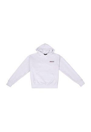 Valge puuvillane kapuutsiga sviiter, millel on ees tasku ja nööriga kapuuts, ning vasakul rinnal on punaste niitidega tikitud sõna "DROPSIZE".