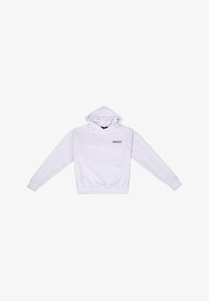 Valge puuvillane kapuutsiga sviiter, millel on ees tasku ja nööriga kapuuts, ning vasakul rinnal on punaste niitidega tikitud sõna "DROPSIZE".