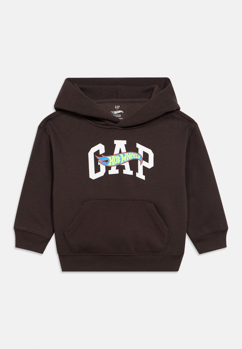 Sweat à capuche marron avec poche avant, capuche surdimensionnée et un logo coloré "GAP Hot Wheels" sur la poitrine. Tissu doux en coton.