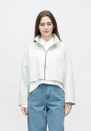 Gray cropped zip-up sweatshirt with a high collar, featuring dropped shoulders and a smooth texture, paired with light blue high-waisted jeans.