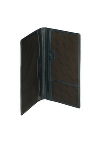 Portafoglio in pelle blu navy con due scomparti, interno texturizzato e portacarte. Finitura liscia con un leggero marchio sul lato interno.