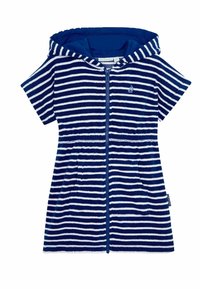 Marineblauw en witte gestreepte badstof jurk met kap, korte mouwen, ritssluiting aan de voorkant, elastische taille en twee zakken. Beschikt over een logo-detail op de borst.
