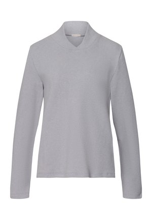 Lys grå langærmet pullover med høj krave, lavet af blødt stof. Enkel design uden mønstre, med lige skåret ærmer og kant.