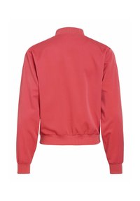 Red long-sleeve bomber jacket with ribbed collar, cuffs, and waistband shown from the back against a white background.