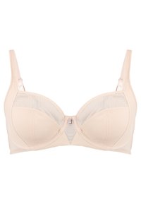 Beige bh med bøyle, gjennomsiktige mesh-paneler og en subtil glans. Har justerbare stropper og en liten logo-detalj i midten.
